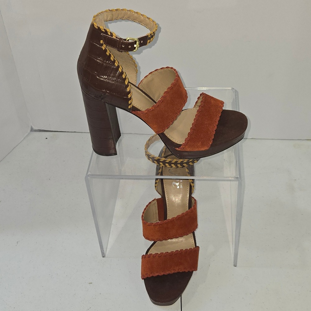 The Fix Women 7.5 Brown Croc Embossed Platform Block Heel Sandals Ankle Strap
